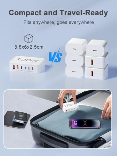 Image of Otovoda 120W USB C Charger Block, 6 Port USB Charging Station for Multiple Devices, 5FT Desktop Multi Charging Hub Compatible with iPhone Samsung ipad, for Travel Home Office