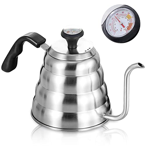 Aicharynic Bouilloire col de cygne 1200 ml - En acier inoxydable - Avec thermomètre - Pour tous les types de cuisinières - Durable et facile à nettoyer