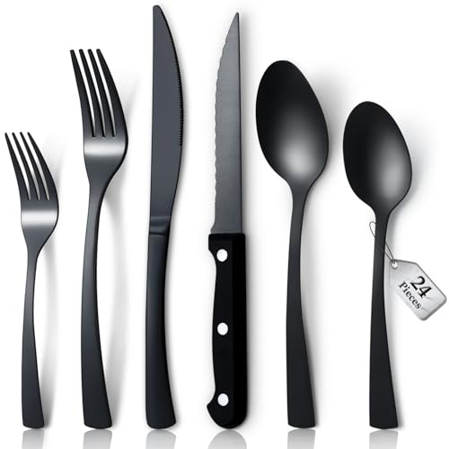 APEO 24 Piece Matte Black Silverware Set with Steak Knives, Stainless Steel Flatware Sets for 4, Satin Polished Cutlery Set for Kitchen, forks spoons and knives set, Dishwasher Safe Utensil Set