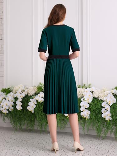 Image of Hobemty Women's Short Sleeve Pleated Dress 2025 Trendy Contrast Color Casual Work A-Line Midi Dresses