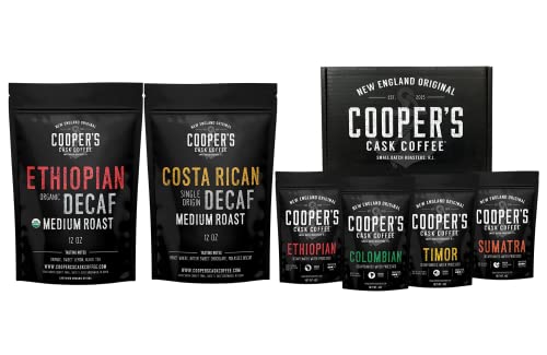 Decaffeinated Gourmet Coffee Sampler Gift Box Set – Whole Beans – 4-Pack – 4oz, Organic Ethiopian Decaf Swiss Water Processed SWP – Whole Bean Coffee – 12oz and Decaf Costa Rican Coffee Medium Roast