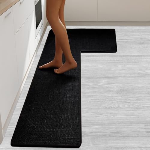SMILEGIF Anti-Slip Corner Kitchen Rug, 1 Piece L-Shaped Floor Mats,Super Absorption Linen Corner Mat for Home,Kitchen (Black Left-L, 31''X59''X18'') by SMILEGIF - Used condition - US$49.05