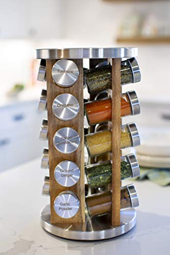 Orii 20 Jar Spice Rack with Spices Included - Tower Organizer for Kitchen Spices and Seasonings, Free Spice Refills for 5 Years (Natural Acacia Wood) - Thumbnail 3