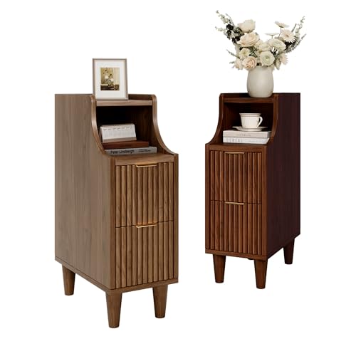 Image of Fluted Nightstands Set of 2,Narrow Bedside Table with 2 Drawers & Storage, Farmhouse Walnut End Table Modern Side Table for Bedroom Livingroom Sofa Office