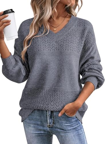 Image of SHEWIN Women's Sweaters Casual Long Sleeve V Neck Crewneck Lightweight Crochet Pullover Sweater Tops