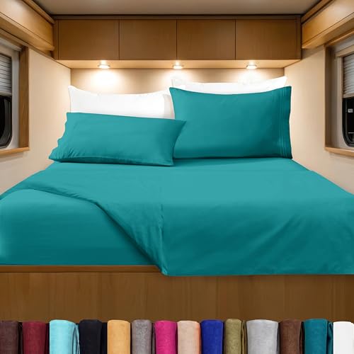 Image of Elegant Comfort Luxurious 1500 Premium Hotel Quality Microfiber Three Line Embroidered Softest 4-Piece Bed Sheet Set, Wrinkle and Fade Resistant, RV Short Queen, Turquoise