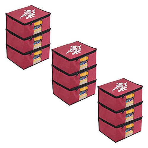Image of PrettyKrafts Large Saree Cover With Creative Prints, Wardrobe Organiser, Clothes Cover & Storage, Zip Closure and Transparent Window | Clothes Storage Bag | Set of 9, Maroon | Size: 40 x 35 x 20 cm