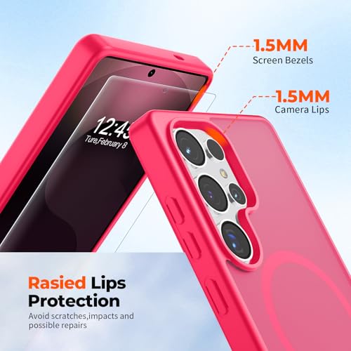 Image of SUPFINE Magnetic for Samsung Galaxy S25 Ultra Case with Screen Protector, (Built-in Magnets) (Military Grade Drop Protection) Slim Translucent Shockproof Phone Case,Hot Pink