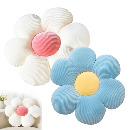Lot de 2 coussins de sol en forme de fleur - 38 x 38 cm - Coussin de sol floral tatami en forme de pétale doux - En forme de pétale de fleurs - Pour chambre à coucher, canapé, canapé - Blanc et bleu