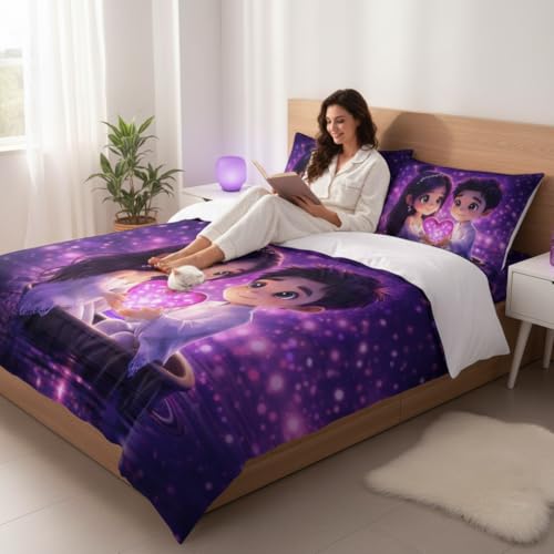 Image of Decor Well 7d Bedsheet for Double Bed King Size with 2 Pillow Covers, Polycotton 220 TC Super Soft & Breathable, Wrinkle Free New Purple Heart Printed Bedsheet Set (90x100 Inch)