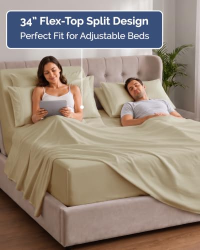 Image of CGK Unlimited Extra Deep Flex Top Split Head King Sheet Set - 6 Piece Breathable and Cooling Sheets - Hotel Luxury Bedding for Women, Men, Kids & Teens - Easy Secure Fit - Extra Deep Pockets - Beige
