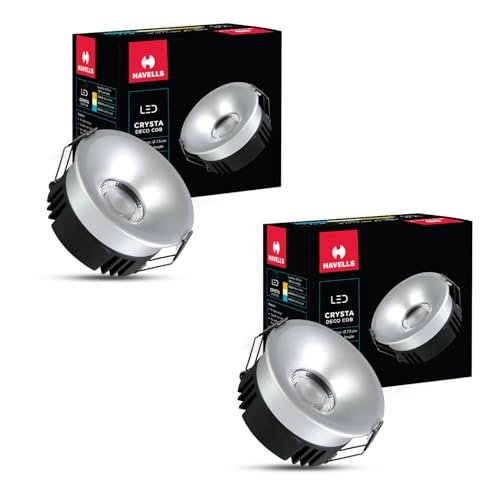 Image of Havells Crysta Deco Cob 12W 3K Silver,Led-Spotlights,Energy Efficient,Long Life of 25000 Burning Hours,Beam Angle of 36,Metal Body Cob with Independent Driver,Warm White (3000K) Pack of 2