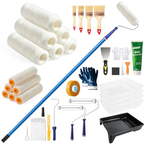 Paint Roller Kit with Long Paint Roller Extension Pole, 37 PCS Wall Painting Supplies with Paint Brushes for Walls, Superabsorbent 9-Inch & 4-Inch Paint Roller Covers, Wall Repair Paste