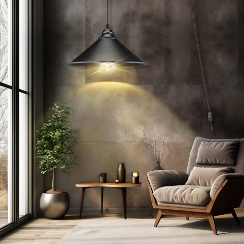Image of Big Black Plug in Pendant Light, Industrial Hanging Light with Plug in Cord