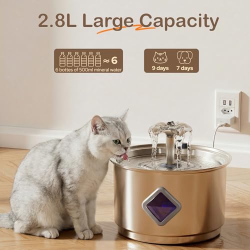Zivacate Fuente para Gatos Acero Inoxidable 2,8 L, con Bomba Ultrasilenciosa, Nivel de Agua, Triple Filtración, 3 Filtros + 3 Esponjas, Fácil de Limpiar - imagen 2
