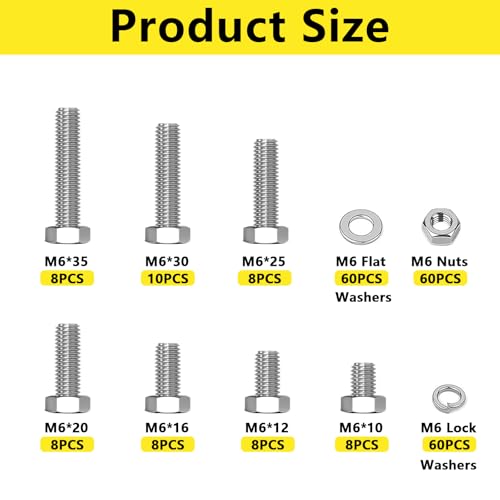 240 Stück M6 Schrauben Set, Sechskantschrauben Muttern Set mit Federringe & Unterlegscheiben Sets, 304 Edelstahl Gewindeschrauben Sets, Sechskant Maschinenschrauben Sortiment