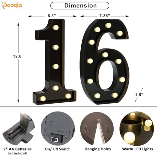 Image of Pooqla 16th Birthday Decorations for Boys, Large Black Light Up Numbers | Black Party Decorations, 12.6in Tall Big Marquee Numbers 16th Anniversary Birthday Gift for Boys Wedding Room Decor