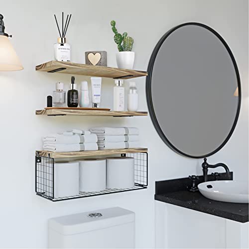 Homcytop Floating Shelves Wall Mounted, Bathroom Shelf Organizer Over Toilet With Paper Storage Basket, Rustic Farmhouse Wall Shelves Brackets For Wall Decor, Kitchen, Bedroom, Living Room (Wood) #TOP3