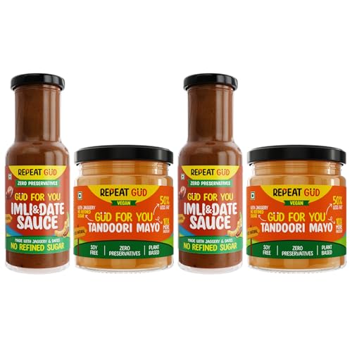 Image of REPEAT GUD Healthy Sauces (Imili & Date Sauce, Tandoori Mayonnaise) | No Refined Sugar, Made With Jaggery | No preservatives | GUD For Kids | 100% Natural Ingredients & Chemical free (Pack of 4)