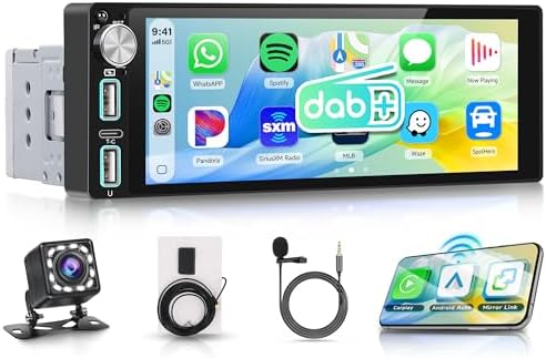 Rimoody DAB/DAB+ Single Din Car Stereo Wireless CarPlay Android Auto Mirror Link, 1 Din 6.86 Inch IPS Touch Screen FM AM Radio Bluetooth Car Radio EQ Sound Type-c USB Input Rear View Camera