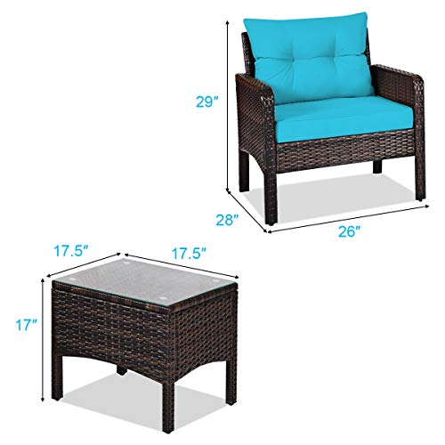 Image of Tangkula 3 Piece Wicker Chairs with Glass Top Coffee Table, Thick Cushions, All Weather Garden Lawn Poolside Backyard Porch Outdoor Patio Furniture Set for 2 (Turquoise)
