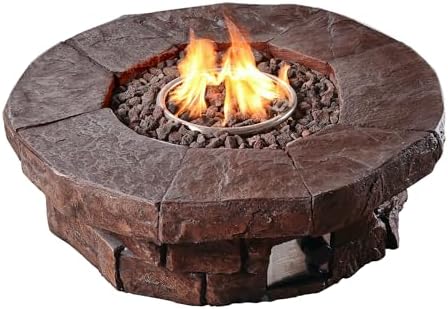 Teamson Home 37.01 in. Faux Stone Round Outdoor Propane Gas Fire Pit with Gas Regulator, Weather-Resistant PVC Cover for Easy Clean-Up on Patios, Gardens, Backyard, or Tailgating, Brown