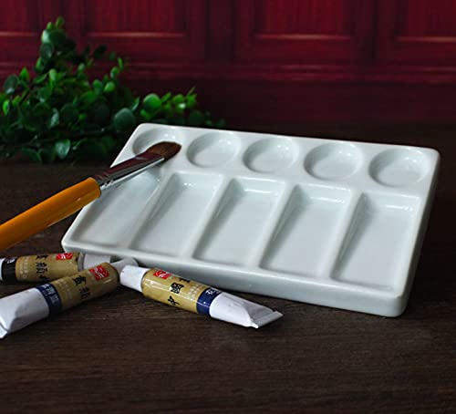 Bandeja de paleta de aquarela, 10 poços, paleta de pintura de artista de cerâmica retangular branca