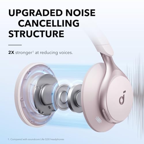 Soundcore by Anker Space One: adaptacyjne słuchawki z ANC, 2x silniejsza redukcja głosu, 40h odtwarzania z ANC, obsługa aplikacji, bezprzewodowy dźwięk LDAC, wygodne dopasowanie, (różowy）)
