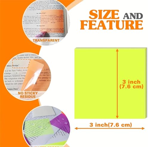 Image of GLUN Transparent Sticky Note Pad, 5 Different Colour 250 Sheets Self-Sticky Note Pads, 3x3 Inch Self Adhesive for Studying, Making Diagrams and Writing