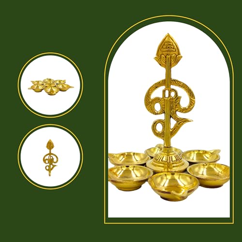 Image of Arumuga Om Vel Vilakku 14 Cm, Murugar Vel Mugam Brass Oil Lamp Diya Set with Vel for Pooja,Temple, Sashti Pooja, Vel Maaral Pooja and Gifting Arumuga Om Vel Vilakku