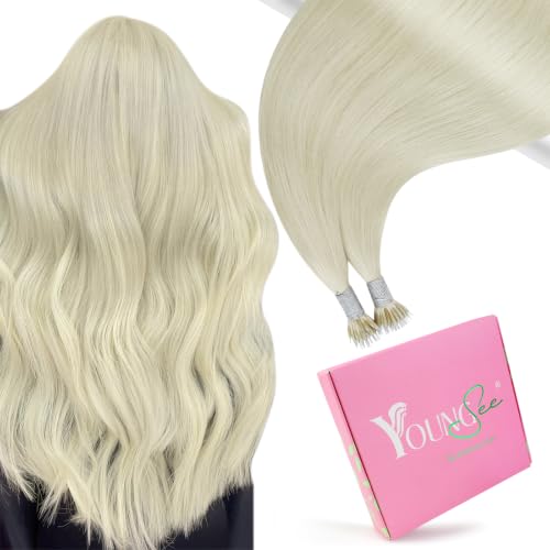 YoungSee Nano Beads Hair Extensions Platinum Blonde 22 Inch Nano Hair Extensions Human Hair White Blonde Long Nano-Link Hair Extension 50 Strands 50g Nanoring Hair Extension for Instant Length