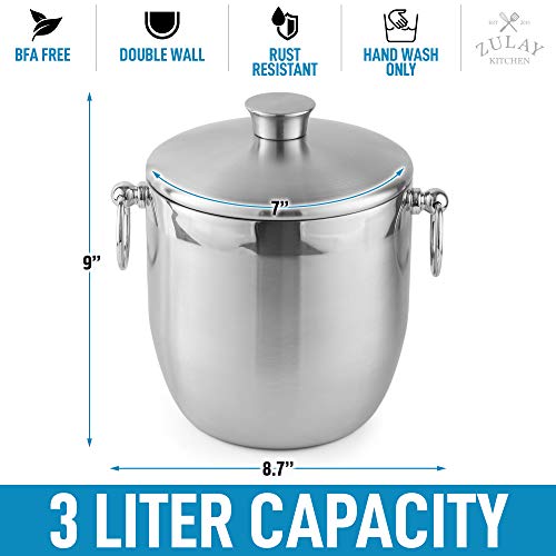 Zulay 3 Liter Double-Wall Insulated Ice Bucket For Cocktail Bar - Ice Buckets For Parties, Outdoor & Indoor - Stainless Steel Ice Bucket With Lid, Strainer & Tongs Included #TOP2