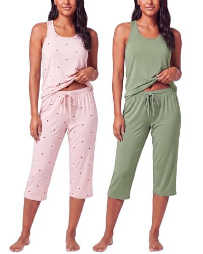 Image of 2 Pack Women's Pajama Sets 2 Piece Tank Top Capri Pants PJs Sleepwear Cute