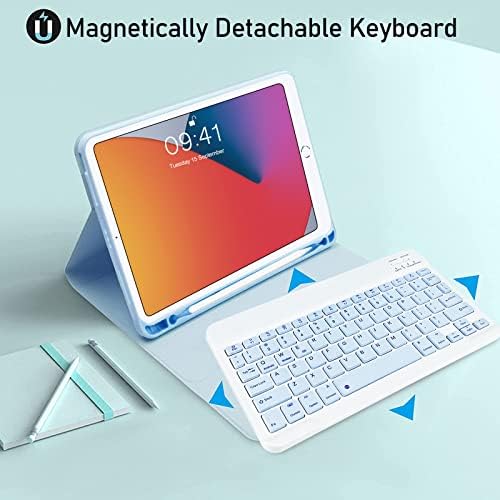 Keyboard Case for 9.7 Inch iPad 6th Generation 2018/5th Gen 2017/iPad Pro 9.7/ iPad Air 2/ iPad Air 1- Slim Protective Case with Apple Pencil Holder and Wireless Detachable Keyboard (Sky Blue)
