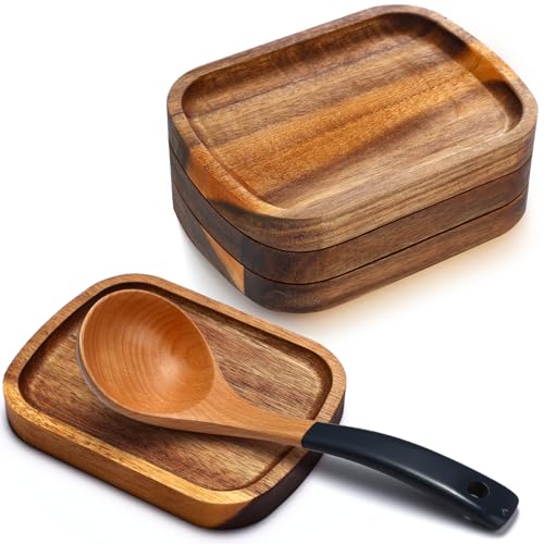Honeydak 4 Pcs Acacia Wood Spoon Rest Kitchen Stove Top Utensil, Rectangle