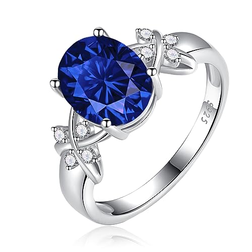 Image of Bonlavie 925 Sterling Silver Ring for Women, Solitaire Oval Cut Cubic Zirconia/Green Emerald/Blue Sapphire ring, Rhodium Plated Bridal Engagement Wedding Band, Size N