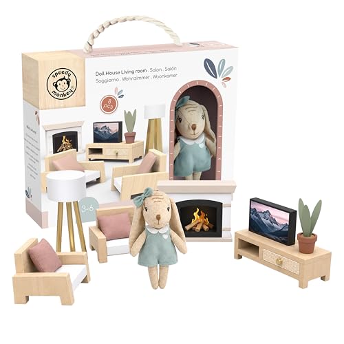 Salon miniature en bois FSC Speedy Monkey avec figurine lapin pour maison de poupée
