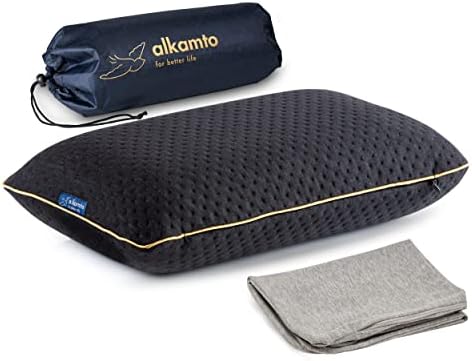 alkamto Travel & Camping Comfortable Memory Foam Pillow with Extra Cotton Cover – Easy to Carry Portable Bag – Temperature Regulating Pillow Case - Perfect for Travelling/Fishing/Backpacking/Hiking