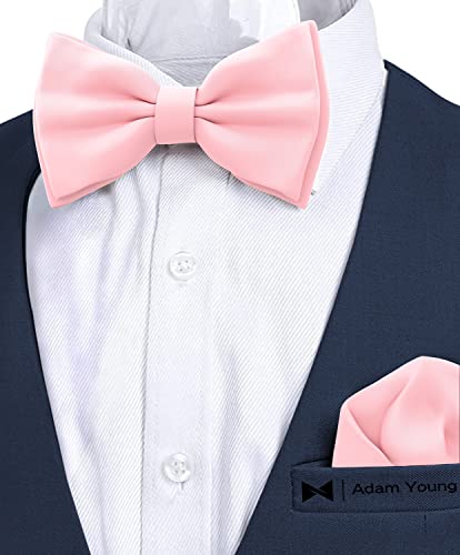 Image of Adam Young Men's Bow Ties with Handkerchief Pre-Tied Style Formal Satin Classic Bowtie for Tuxedo Faux Silk