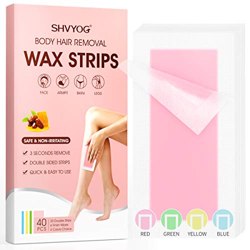 Wax Strips, SHVYOG Wax Hair Removal for Women, Body Hair Removal Wax Kit for Bikini Face Arm Armpit Leg Eyebrow, 40 Count Large Size Waxing Strips with 6 Finished Wipes