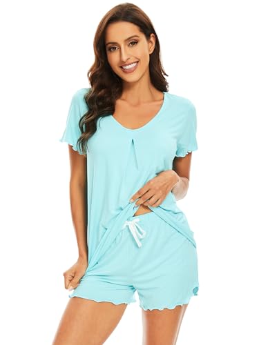 Image of WiWi Womens Pajamas Set Bamboo Viscose Super Soft Short Sleeve Top Ruffle Shorts Sleepwear Cooling Pj Sets S-XXL