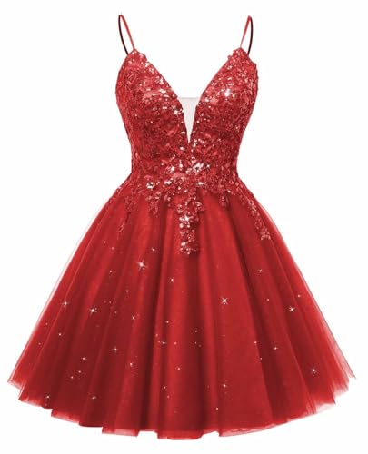 HPPEE Glitzerndes Pailletten-Tüllkleid für Teenager, V-Ausschnitt, Spaghettiträger, Cocktail-Partykleid, rot, 44