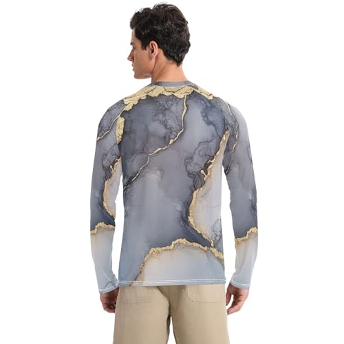 Marble Grey Silver Men's UPF 50+ Swim Shirts Loose Crew Neck Loose Men's Sun Shirt Long Sleeve Beach2