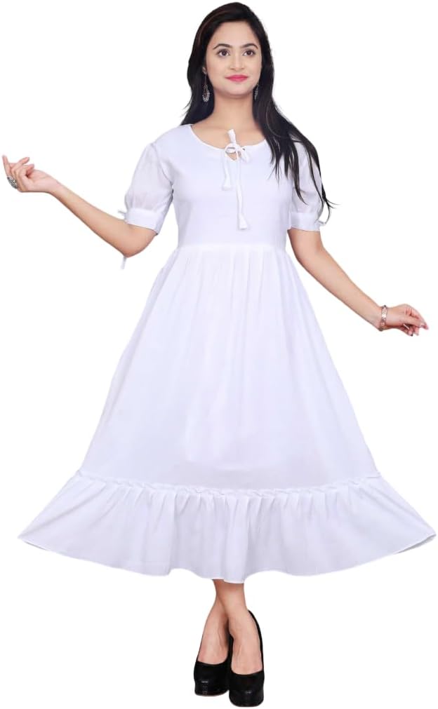 Women's Cotton Blend Solid Maxi Dress, Short Sleeve, Flared Anarkali Style, for Casual, Daily and Party