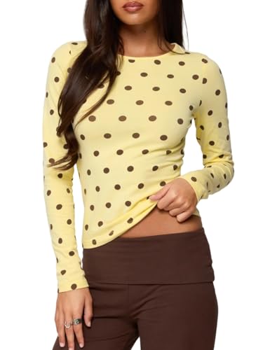 Seyumixi Polka Dot Tops for Women Y2K Long Sleeve Crop Top Vintage Cute Slim Fit Crew Neck Shirt Going Out Streetwear(Basic Yellow,S)