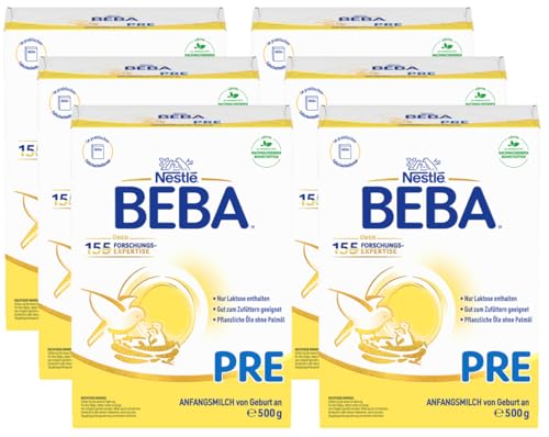BEBA PRE Anfangsmilch von Geburt an, Babynahrung , nur Laktose, ohne Palmöl, 6er Pack (6 x 500g)