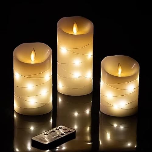 Mozeal LED Flameless Flickering Battery Operated Candles with 11-Key Remote Control,Real Wax Pillar Electric Candles with Timer,Wedding/Tray/Bedroom/Table/Home/Farmhouse/Christmas Decor,Set of 3,Ivory