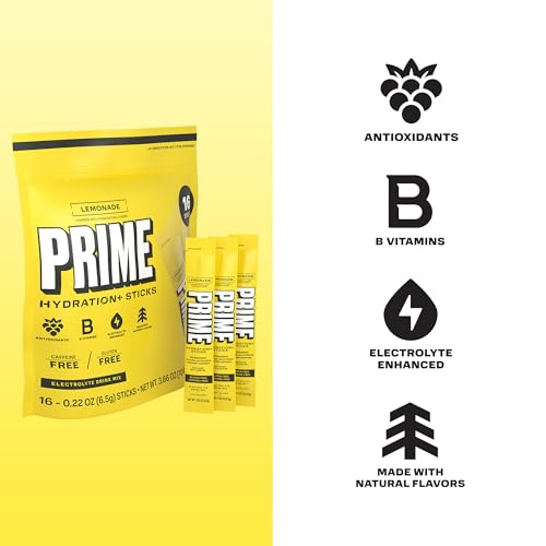 Image of PRIME HYDRATION+ Electrolyte Powder Sticks, Lemonade, Sugar Free Hydration Drink Mix with Potassium, Magnesium & B Vitamins to Replenish Fluids, Caffeine Free, 16 Count