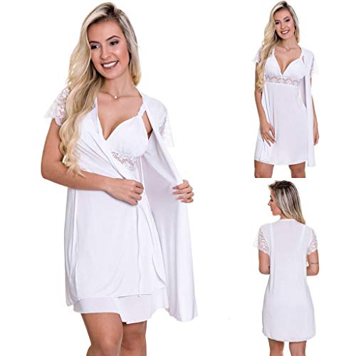 (Kit-V13) - 2 Camisolas Amamentação Com Robe em Microfibra 1 Branca e 1 Lilás - ES206-207