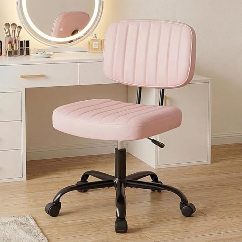 DUMOS Armless Home Office Chair: Small Desk Chair with Low Back Lumbar Support Height Adjustable PU Leather Computer Task with 360 Swivel Wheels for Adults Pink